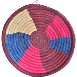 Hand-woven Fairtrade Basket/Wall art-MEDIUM-Maroon Pink Blue Natural