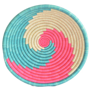 Hand-woven African Basket/Wall art -LARGE- Pink Aqua White