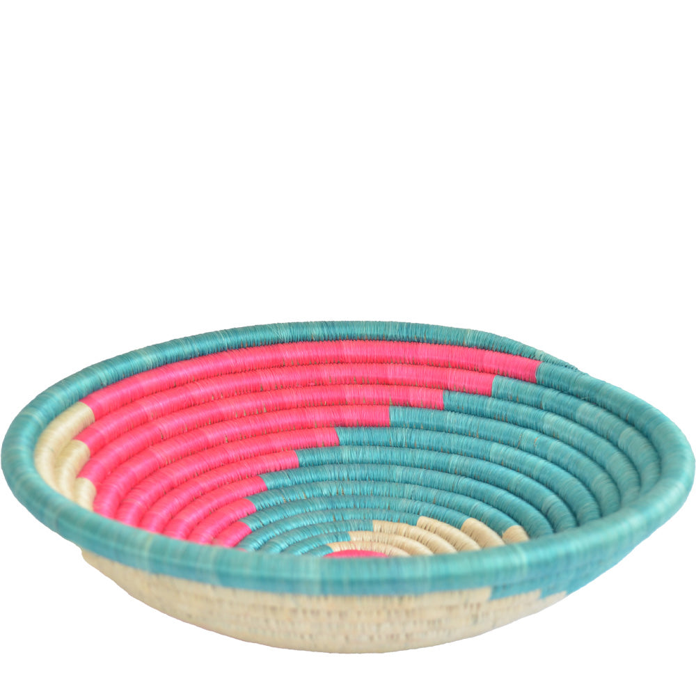 Hand-woven African Basket/Wall art -LARGE- Pink Aqua White
