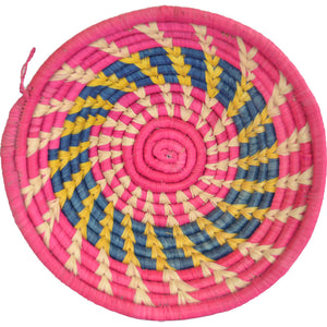 Hand-woven Fairtrade Basket/Wall art-MEDIUM-Pink Yellow Blue Natural