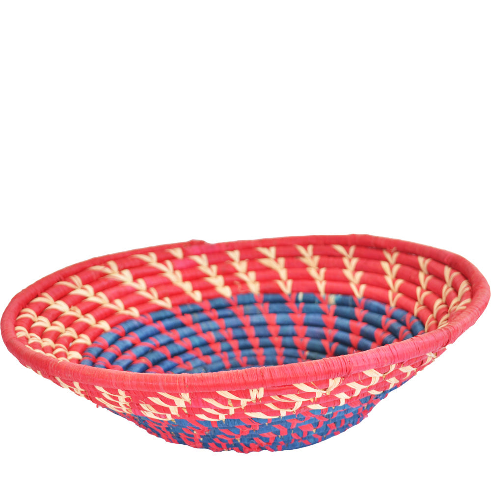 Hand-woven African Fruit/Bread basket Wall art - 33CM - Red and Blue with Natural and Blue line