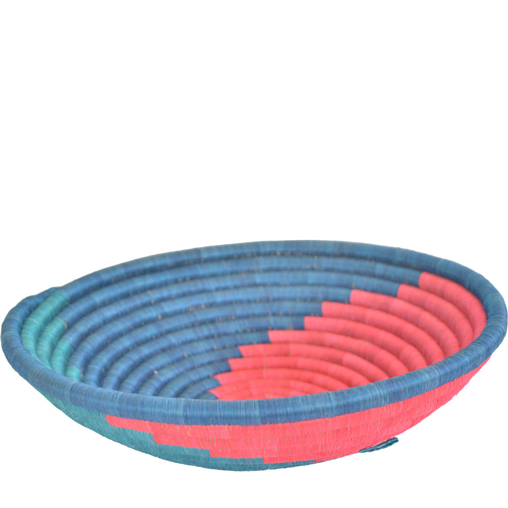 Hand-woven African Fruit/Bread basket Wall art - 30CM - Red Aqua and Blue