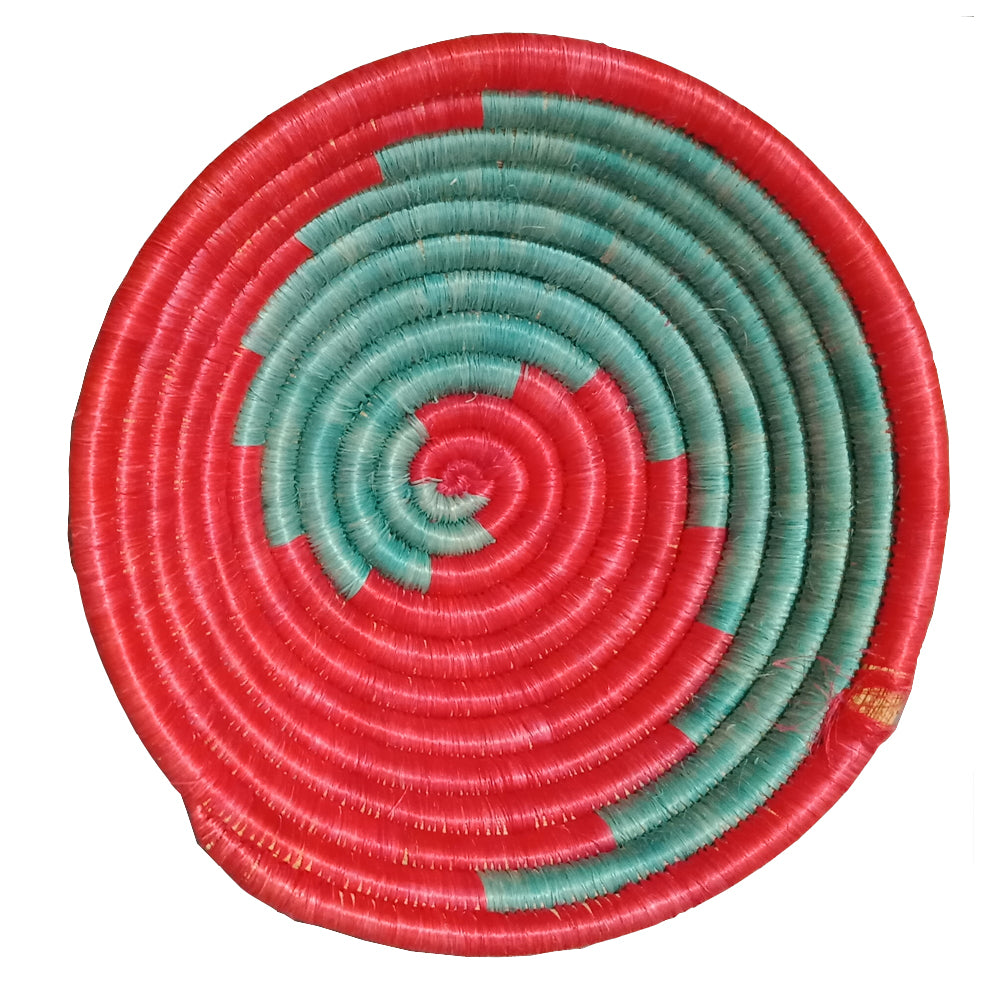 Hand-woven African Basket/Wall art-MED-Green Red spiral