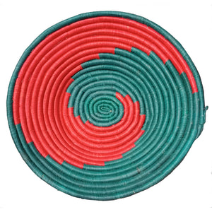 Hand-woven African Basket/Wall art -30CM-Red Green spiral